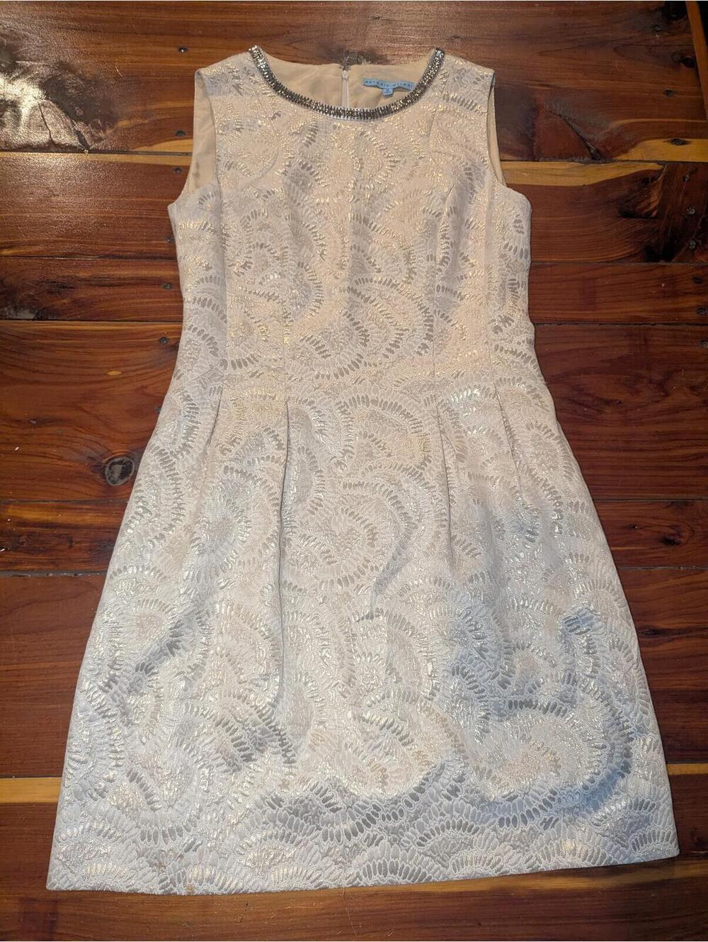 Antonio Melani Women's Beige Lace Dress with Beaded Neckline Size 12
